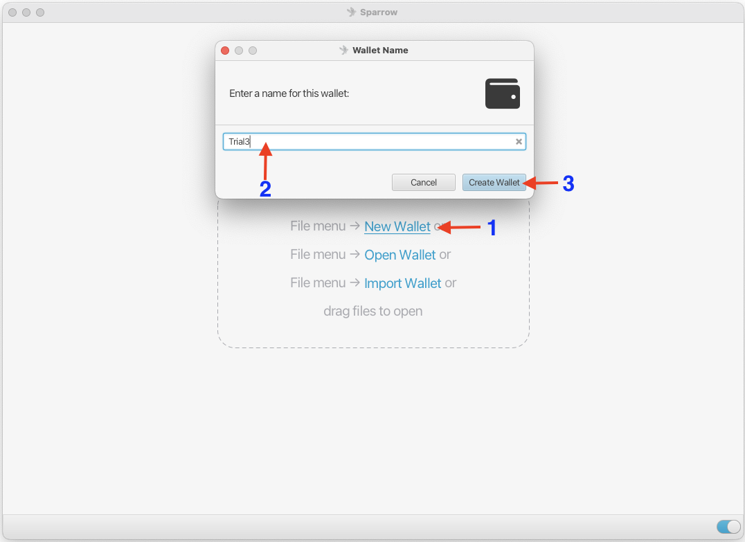 Creating new wallet in Sparrow