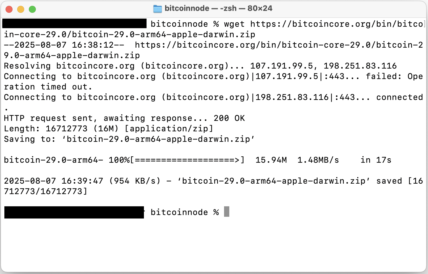 Terminal showing bitcoin core download command execution