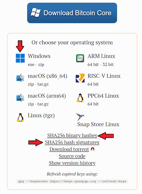 Downloading Bitcoin Core executable file