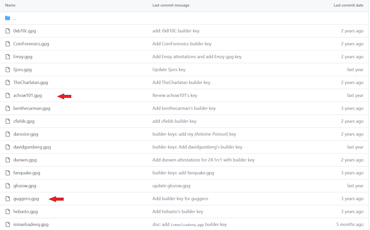 Image showing the github repo containing the public key of bitcoin core developers