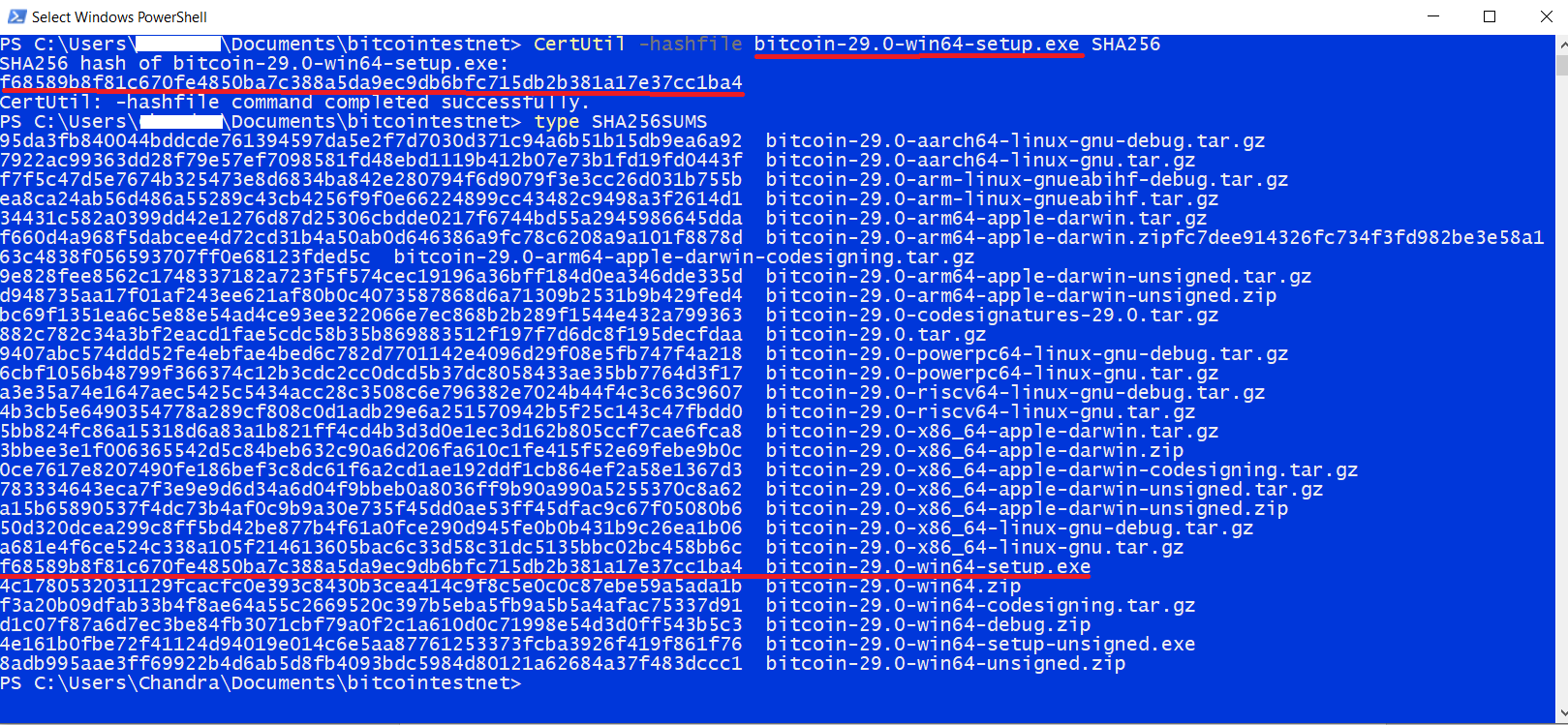 Image showing the results of verifying the SHA256 hash of the downloaded file
