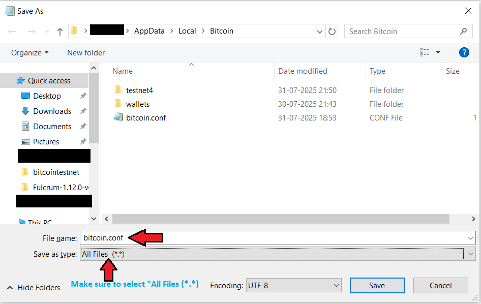 Image showing the creation of bitcoin.conf file in the Bitcoin directory