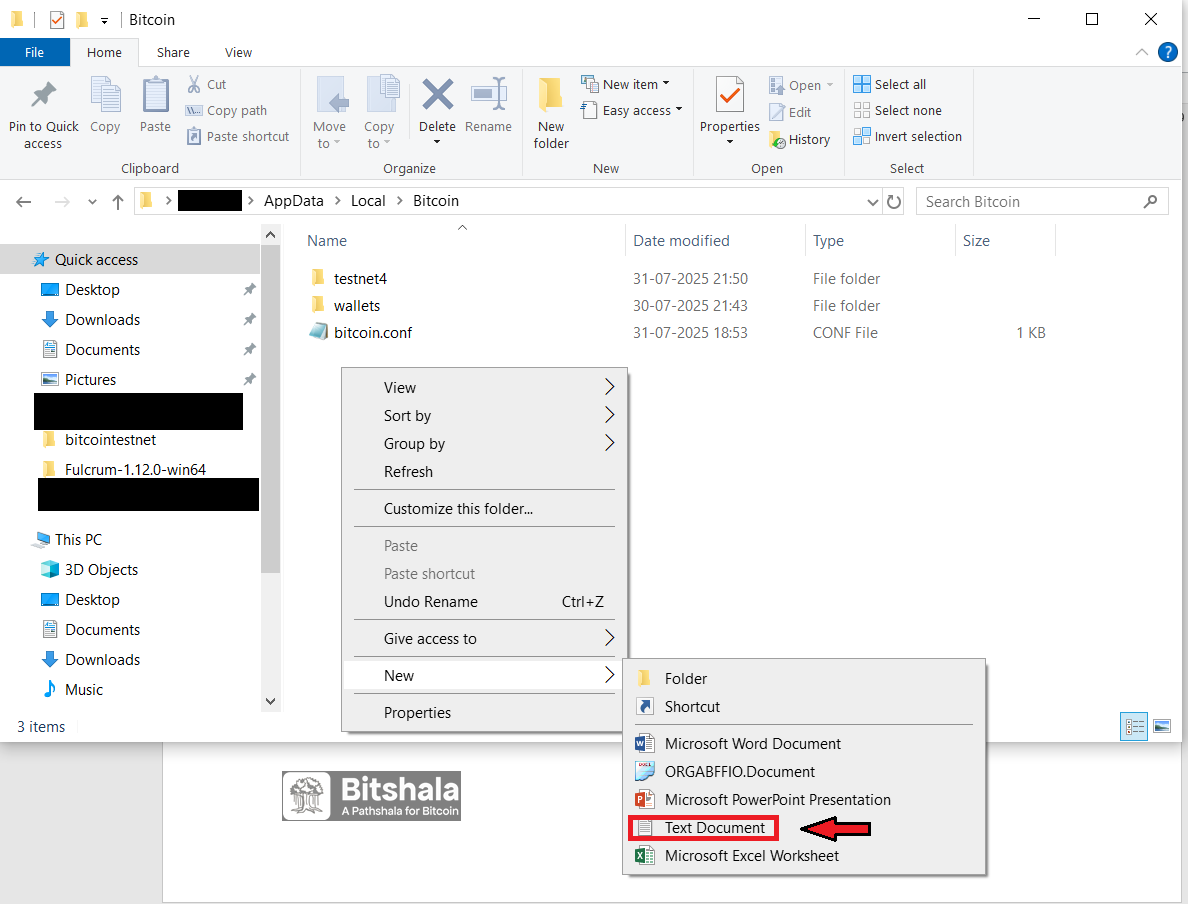 Image showing the creation of bitcoin.conf file in the Bitcoin directory