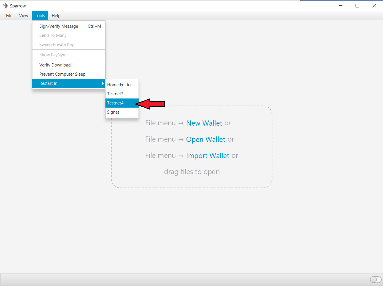 Image showing Sparrow switching to testnet4